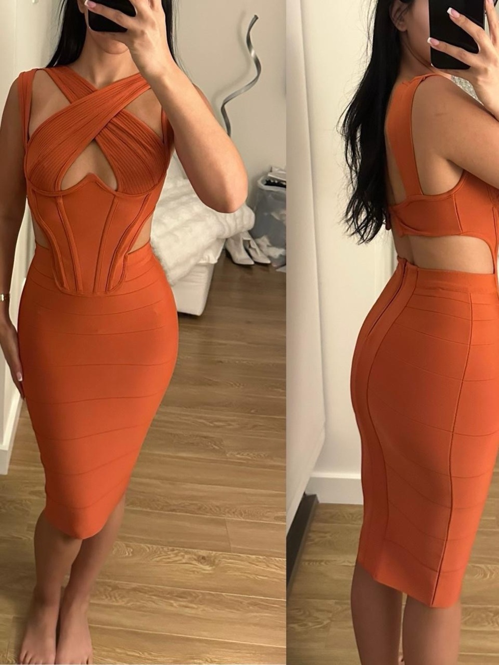 Fashion Nova Orange Crisscross Bodycon Midi Dress
